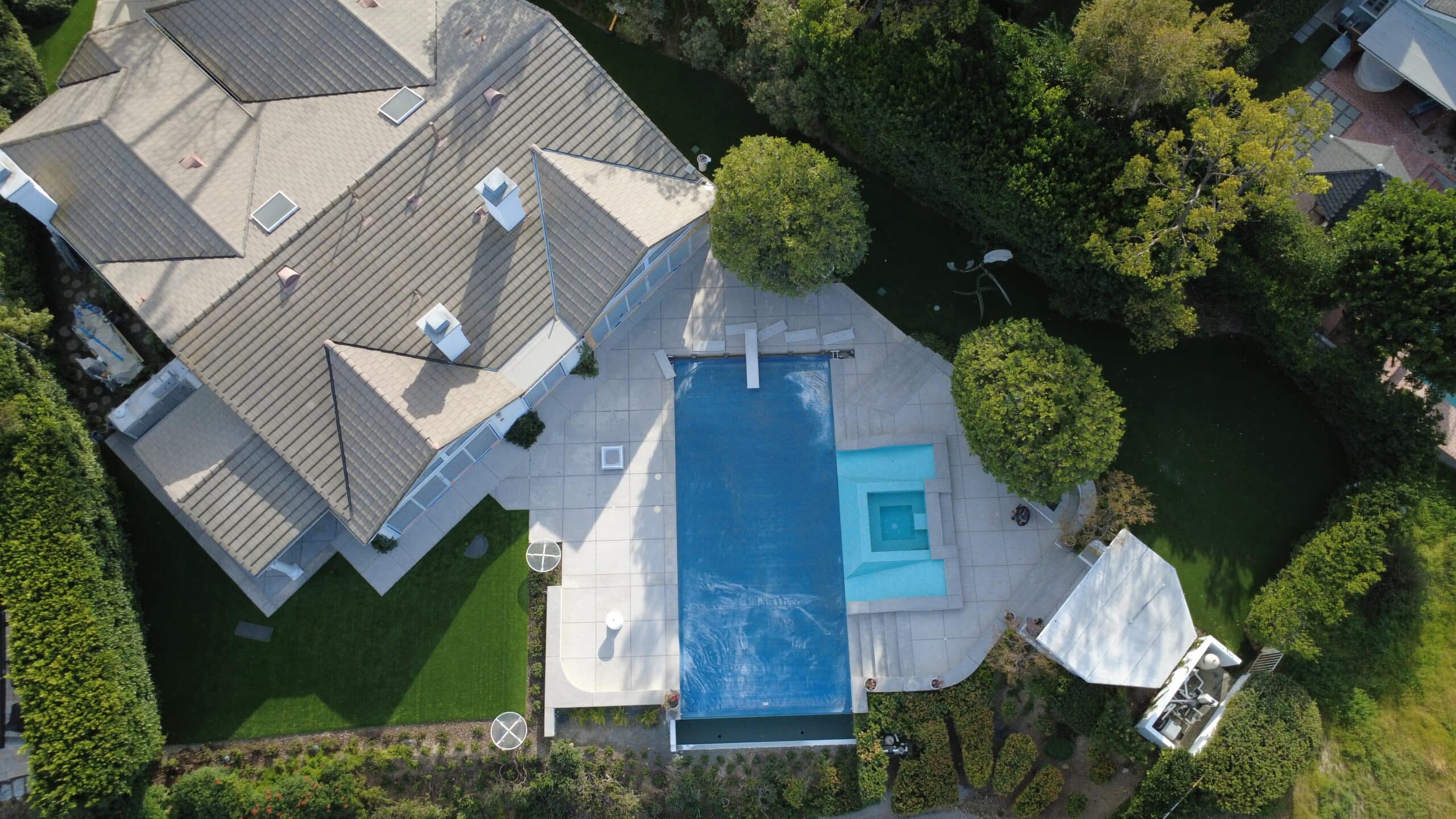 Pool area during a sandblasting project in Calabasas, CA