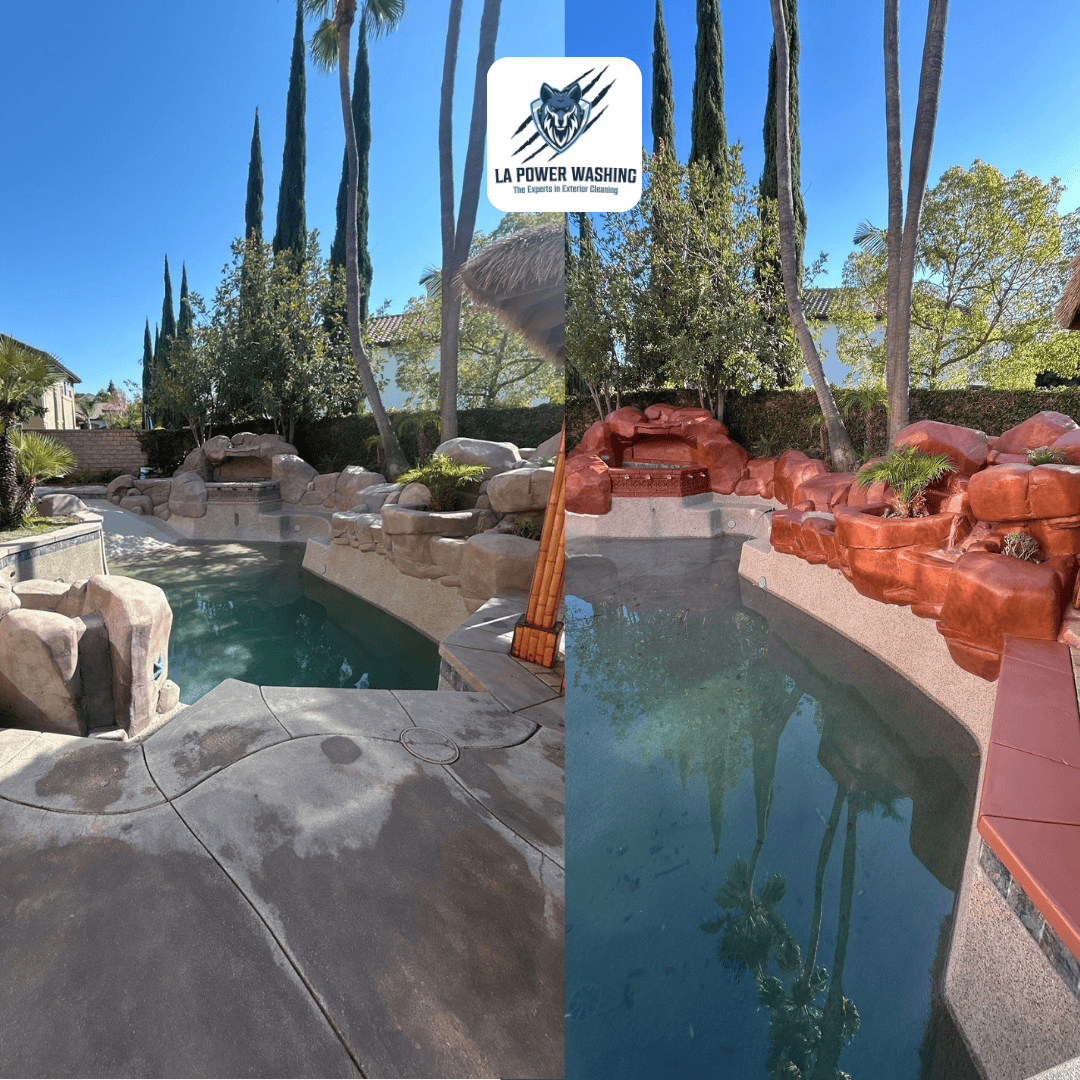Before and after rock water feature restoration around a swimming pool